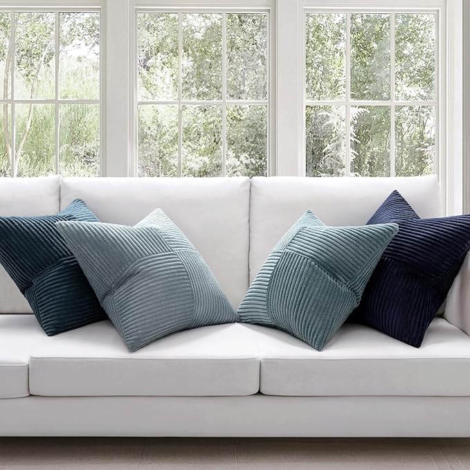 MIULEE Dusty Blue Navy Farmhouse Throw Pillow Covers 18x18 Inch Set of 4 Boho Patchwork Gradient Cushion Cases Western Modern Pillow Cases Corduroy Home Decor for Couch Sofa Living Room Bed