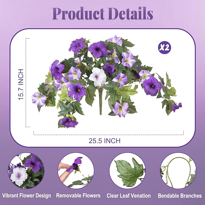 Artificial Fake Flowers Plants for Outdoor Decoration, 2PCS Faux Petunias Silk Flower UV Resistant No Fade Floral for Home Outside Garden Balcony Yard Porch Realistic Indoor Decor (Purple White)