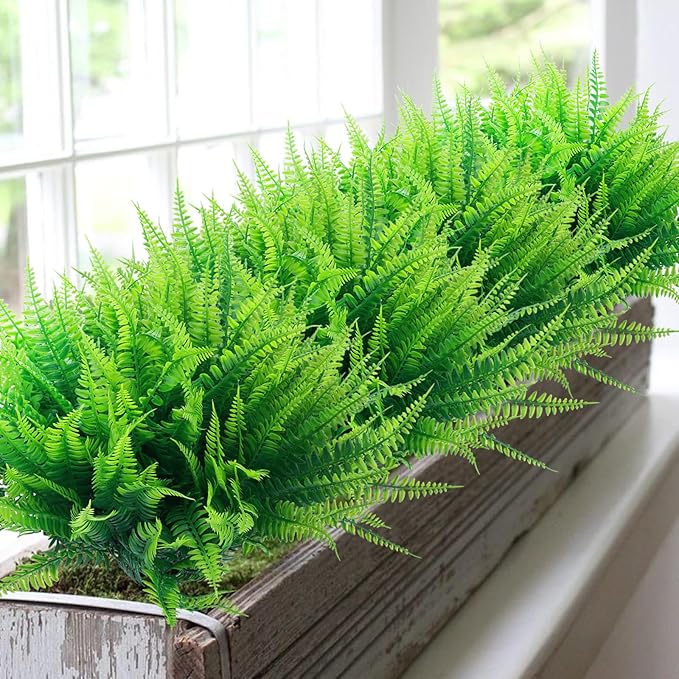 summer flower 10pack Fake Fern Plants Faux Boston Ferns UV Resistant Greenery for Outdoor Front Porch Filler Garden Party Artificial Ferns Stems for Indoor Home Hanging Planter Window Box Decorations