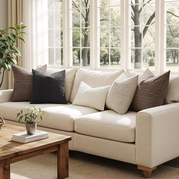 MIULEE Decorative Linen Check Euro Shams Throw Pillow Covers Neutral Farmhouse Vintage Pillow Covers 24x24 Set of 2 Boho Modern Winter Home Decor for Sofa Couch Bedroom Cushion Brown