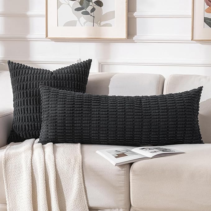 Fancy Homi 2 Packs Black Long Body Lumbar Decorative Throw Pillow Covers 14x36 Inch for Bed Couch Bedroom Bench, Soft Corduroy Rectangle Solid Pillow Case, Rustic Farmhouse Boho Room Decor