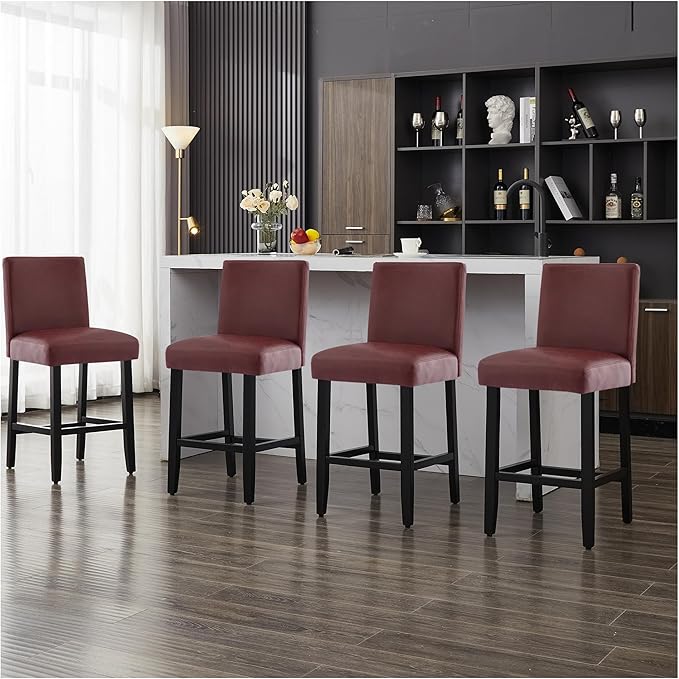 26'' Faux Leather Bar Stools Set of 3, Modern Upholstered Bar Chairs with Back, Soild Wood Legs Barstools for Kitchen Island, Red