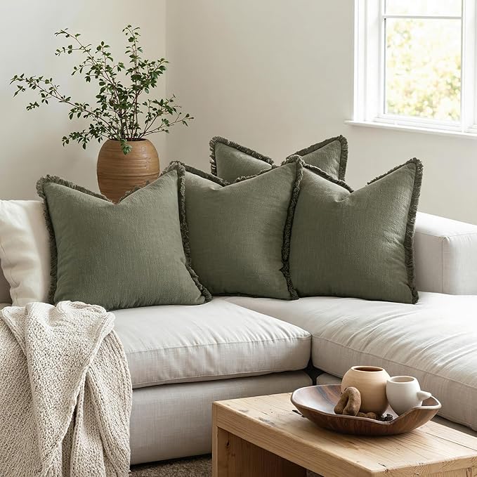 MIULEE Decorative Couch Pillow Covers Neutral Linen Fringe Throw Pillows Set of 4 Boho Farmhouse Cushions Soft Accent Pillowcases for Bed Couch Sofa Living Room Home Decor 18x18 Inch Olive Green