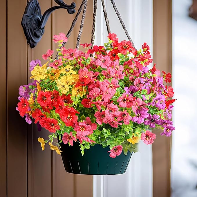 12 Bundles Artificial Flowers Faux Plants Flowers for Outdoor Spring Summer Decoration UV Resistant Artificial Plastic Plants Silk Flowers for Home Planter Porch Window Box Yard