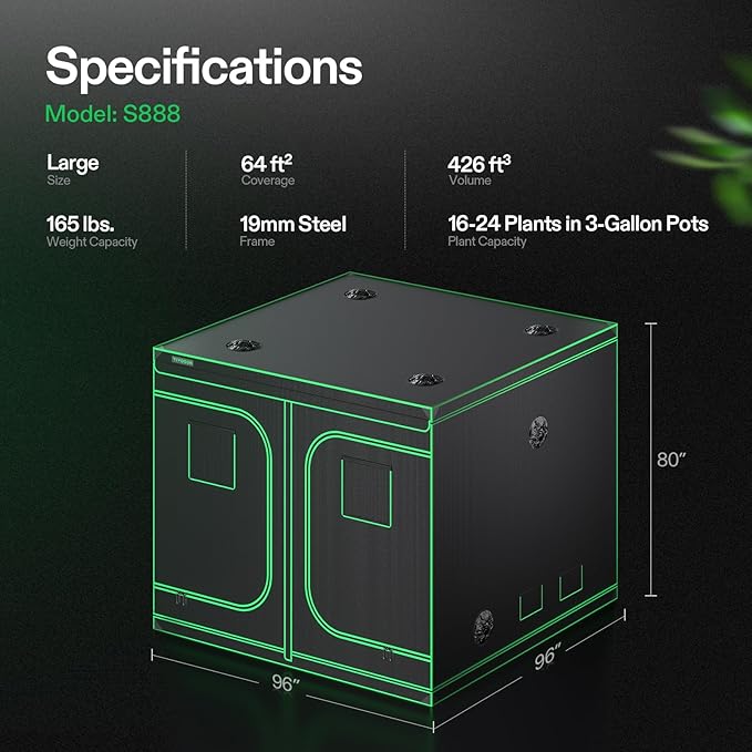 VIVOSUN S888 8x8 Grow Tent, 96"x96"x80" High Reflective Mylar with Observation Window and Floor Tray for Hydroponics Indoor Plant for VS4000/VSF4300