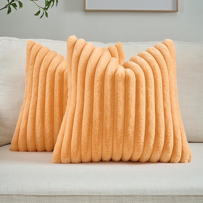 FUTEI Orange Striped Decorative Throw Pillow Covers 22x22 Inch Set of 2,Square Fall Decorations Couch Pillow Case,Soft Cozy Faux Rabbit Fur & Velvet Back,Modern Home Decor for Bed