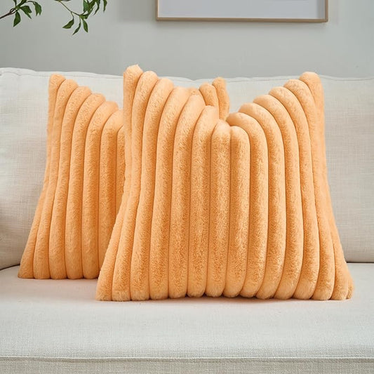 FUTEI Orange Striped Decorative Throw Pillow Covers 20x20 Inch Set of 2,Square Fall Decorations Couch Pillow Case,Soft Cozy Faux Rabbit Fur & Velvet Back,Modern Home Decor for Bed