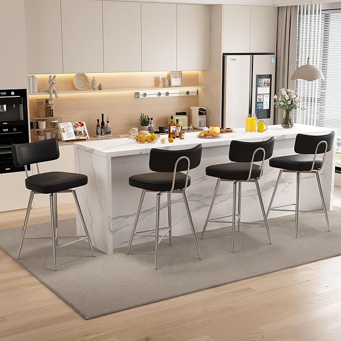 Swivel Bar Stools Set of 3, PU Leather Counter Height Bar Stools, 26" Modern Barstools with Backs and Footrest, Bar Chairs for Kitchen Island, Black