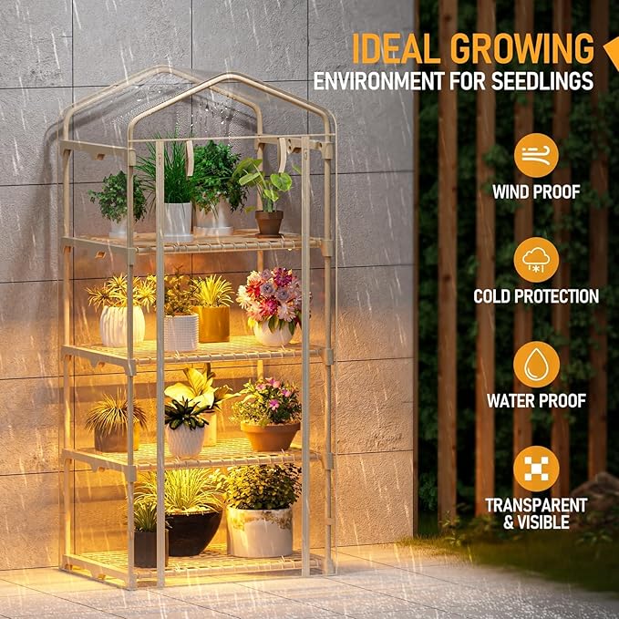 SPECILITE Indoor Greenhouse with Grow Lights - 4 Tiers 27.6"L×19.3"W×61.4"H Outdoor Mini Green House with Zip PVC Cover and Dimmable 45W Full Spectrum Plant Light with Timer for Seed Starting Trays