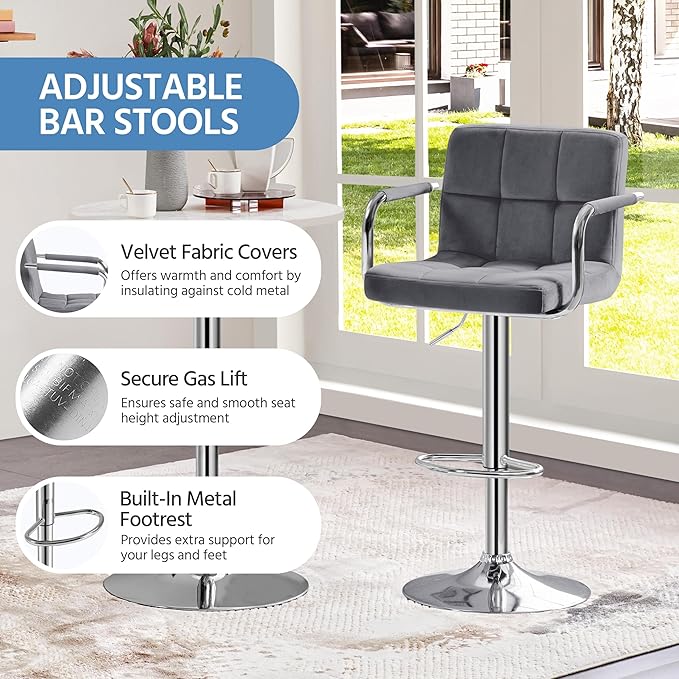 Yaheetech Velvet Bar Stools Set of 4, Adjustable Barstools with Armrest, Counter Height Stool Chairs with Thickened Seat Cushion for Kitchen Island, Dark Grey