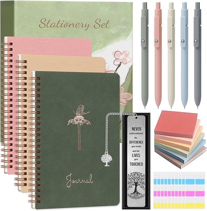 Stationery Set for Women, Bible Journaling Kit, 3PCS A5 Spiral Notebooks, Gel Pens, Steel Bookmark, Sticky Notes & Tabs, Gift Box - Aesthetic Gift Set for Work Students School Office Supplies