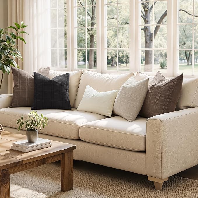 MIULEE Decorative Linen Check Throw Pillow Covers Neutral Farmhouse Vintage Pillow Covers 18x18 Set of 2 Boho Modern Home Decor for Sofa Couch Bedroom Cushion Black