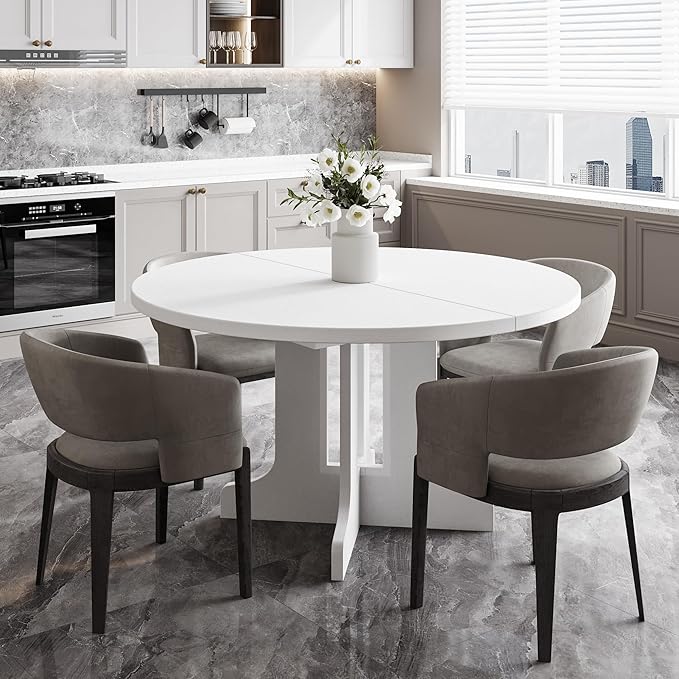 Feonase 59" Round Extendable Dining Room Table for 6, Modern Oval Kitchen Table with Heavy Duty Wood Base, for Kitchen Dining Living Room, Easy Assembly, Noise-Free, White