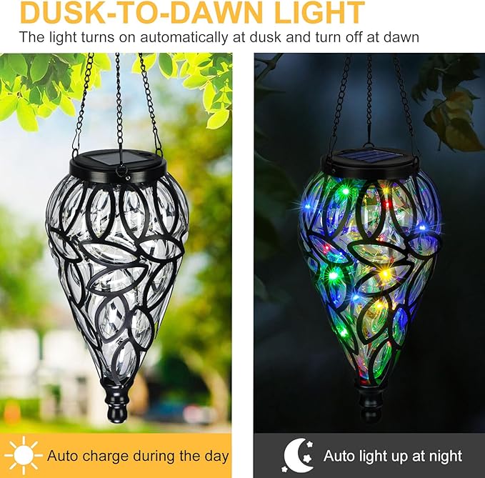 Solar Hanging Lantern Outdoor Lights, Tear-Shaped 15 LEDs Multi-Color Hanging Lights with S Hooks Decor in Garden, Yard, Pathway, Front Door and Landscape