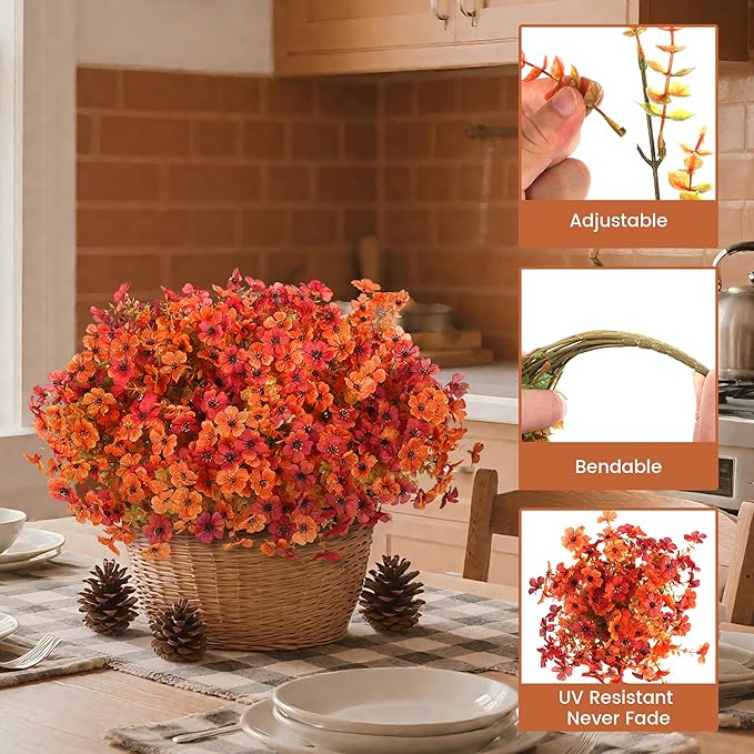 Artificial Fall Flowers for Decoration Fake Flowers Outdoor Artificial Plants, 12 Bundles Faux Mums Autumn Plastic Flower UV Resistant for Porch Patio Home Yard Garden Window Box Pot Planters