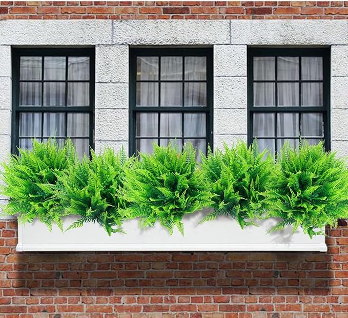 summer flower 10pack Fake Fern Plants Faux Boston Ferns UV Resistant Greenery for Outdoor Front Porch Filler Garden Party Artificial Ferns Stems for Indoor Home Hanging Planter Window Box Decorations