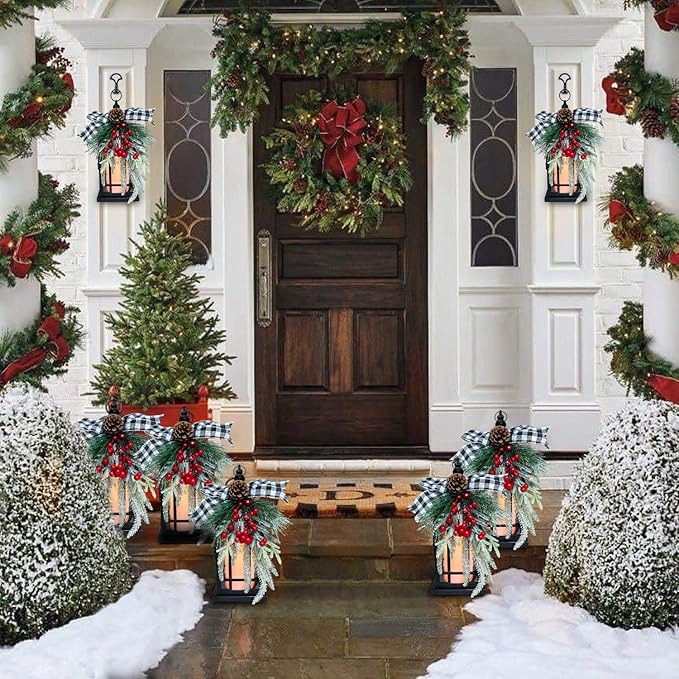 Christmas Decorative Lantern w/LED Flickering Flameless Candle - 14 Inch, Antiqued Vintage Lantern with Xmas Ornament for Outside Indoor Table Holiday Party Decorations