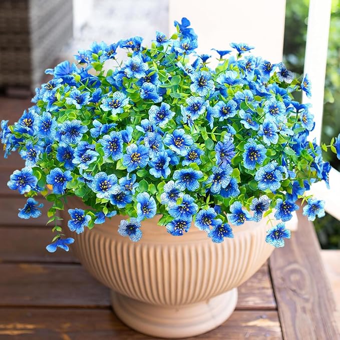 Artificial Flowers for Outdoor Indoor Garden Home Decoration, Faux Flower Daisy with Eucalyptus Leaves Fake Plants Greenery Boxwood Porch Patio, 12 Bundles (Blue)