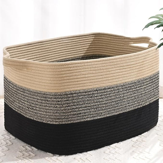 Large Blanket Basket, 60 L Rectangle Storage Baskets for Organizing, Woven Laundry Basket for Blankets, Cotton rope Blanket Storage for Living Room, Nursery Room, Brown&Black