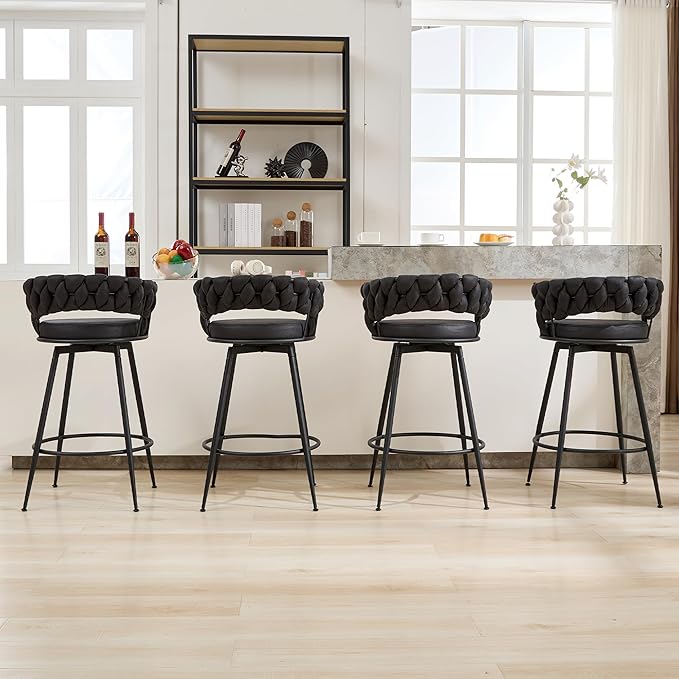Swivel Black Bar Stools Set of 4, 28 Inches Modern Counter Height Bar Stools with Woven Back, Upholstered Suede Tall Barstools for Kitchen Island, Cafe