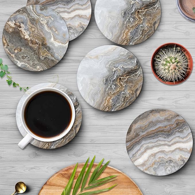 Britimes Coaster for Drinks Set of 6, Grey Marble Golden Stone Agate Table Absorbent Round Ceramic Stone Mat, with Cork Base and Metal Holder, Gift for Housewarming Room Bar Decor