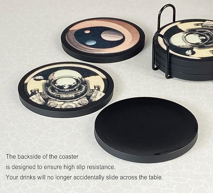 Absorbent Coasters for Drinks with Holder - 6packs, Silicone Coaster with Soft Felt Insert (4.3 inch Coasters with 4.5 inch Holder, Dual-Sided Space -Themed Patterns)