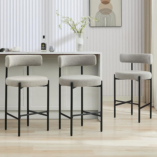 28'' Boucle Bar Stools Set of 3, Grey Bar Stools with Backs, Counter Height Bar Height Stools for Kitchen Island, Upholstered Bar Chairs