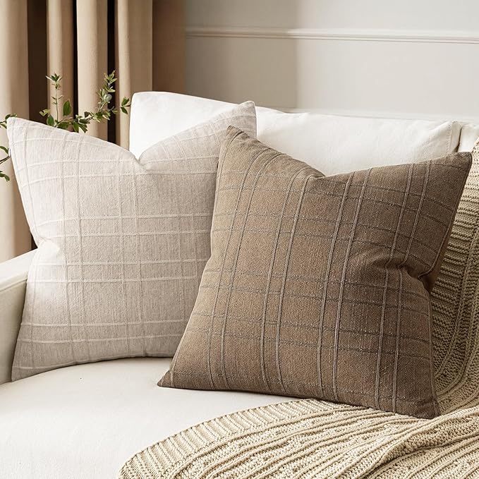 MIULEE Decorative Linen Check Euro Shams Throw Pillow Covers Neutral Farmhouse Vintage Pillow Covers 24x24 Set of 2 Boho Modern Winter Home Decor for Sofa Couch Bedroom Cushion Light Brown