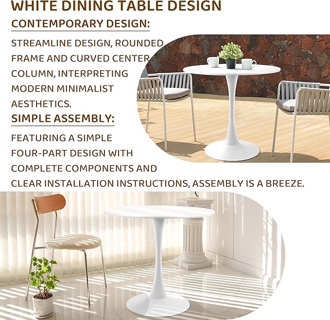 Round White Dining Table Modern Kitchen Table with Pedestal Base in Tulip Design, Mid-Century Leisure Table for 2 to 4 Person