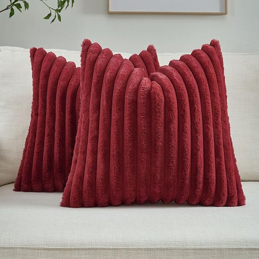 FUTEI Burgundy Striped Decorative Throw Pillow Covers 14x14 Inch Set of 2,Wine Red Square Fall Decorations Couch Pillow Case,Soft Cozy Faux Rabbit Fur & Velvet Back,Modern Home Decor for Bed