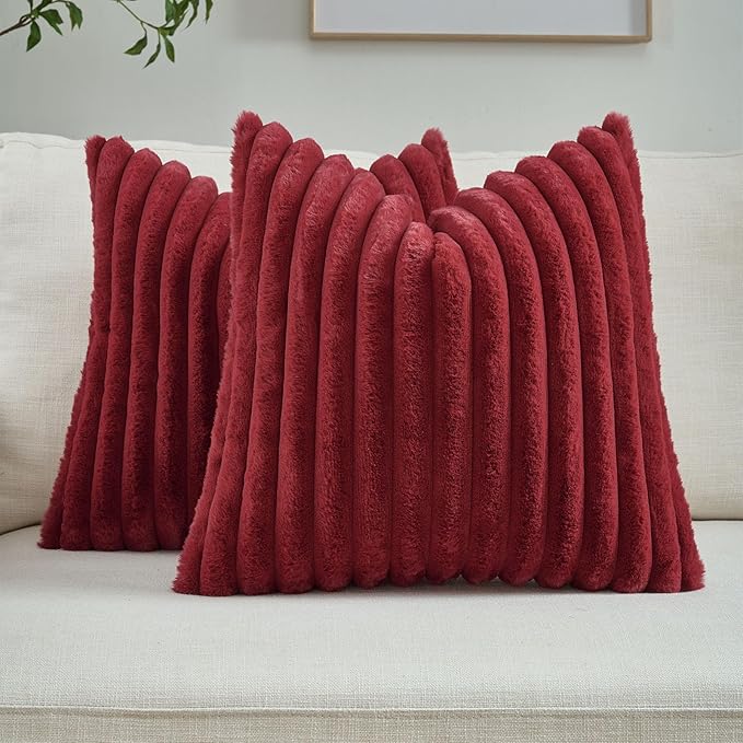 FUTEI Burgundy Striped Decorative Throw Pillow Covers 24x24 Inch Set of 2,Wine Red Square Fall Decorations Couch Euro Pillow Case,Soft Cozy Faux Rabbit Fur & Velvet Back,Modern Home Decor for Bed