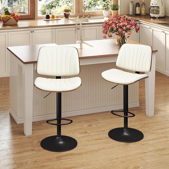 ECOTOUGE Bar Stools Set of 2, Adjustable Swivel Leather BarStools, Modern Mid Century Counter Height Bar Chairs stools with Back & Footrest for Kitchen Island(Ivory White/Beige)