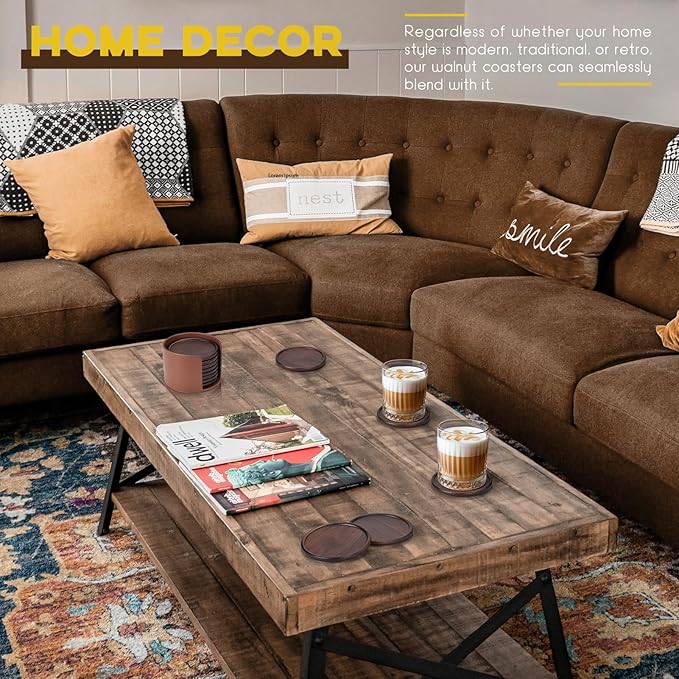 Wood Coasters with Leather Holder, GOH DODD Set of 8 Walnut Wooden Coaster Tabletop Protection for Drinks Coffee Table Home Kitchen Office Living Room Decor Housewarming Gifts Wedding Party, 4 Inch