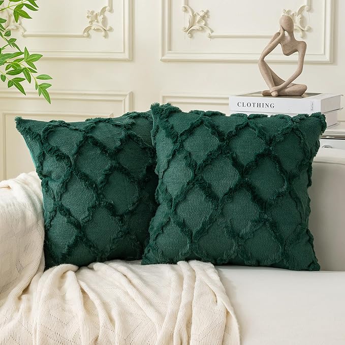 Set of 2 Soft Moroccan Throw Pillow Covers 24x24 Inch Plush Boho Decorative Pillow Cover Accent Cushion Case for Couch Sofa Bed, Dark Green