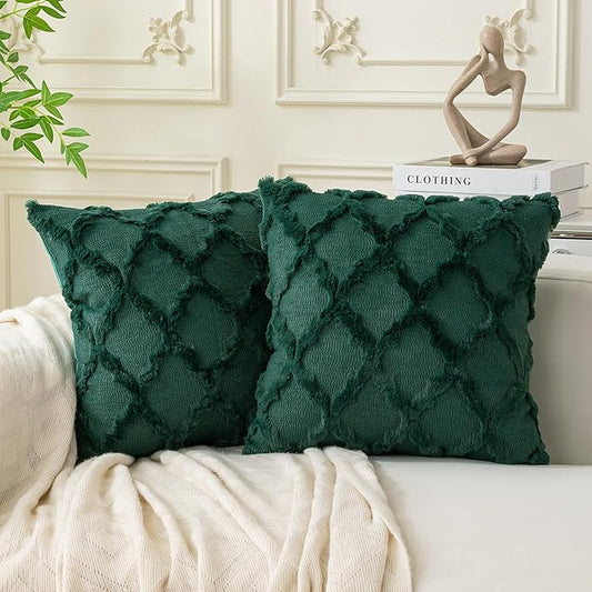 Set of 2 Soft Moroccan Throw Pillow Covers 20x20 Inch Plush Boho Decorative Pillow Cover Accent Cushion Case for Couch Sofa Bed, Dark Green