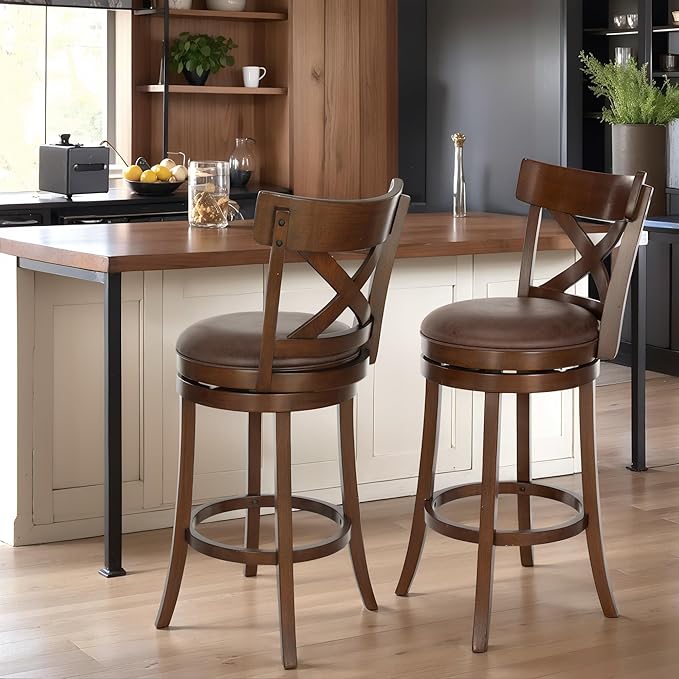 ALPHA HOME Swivel Bar Stools Set of 4, Kitchen Stools with Backs, 30 Inch Wooden Bar Stools, 360 Degrees Swivel Chair with Upholstered, Wrap-Around Footrest Counter Chair, Cappuccino