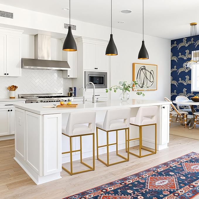 White and Gold Counter Height Bar Stools Set of 4 for Kitchen Counter Modern Bar Chairs with Backs for Kitchen Island with Upholstered Faux Leather Seat and Metal Frame, 26 Inch