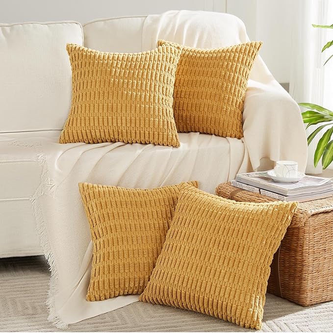 Fancy Homi 4 Packs Mustard Yellow Decorative Throw Pillow Covers 20x20 Inch for Living Room Couch Bed Sofa, Rustic Farmhouse Boho Home Decor, Soft Plush Striped Corduroy Square Cushion Case 50x50 cm