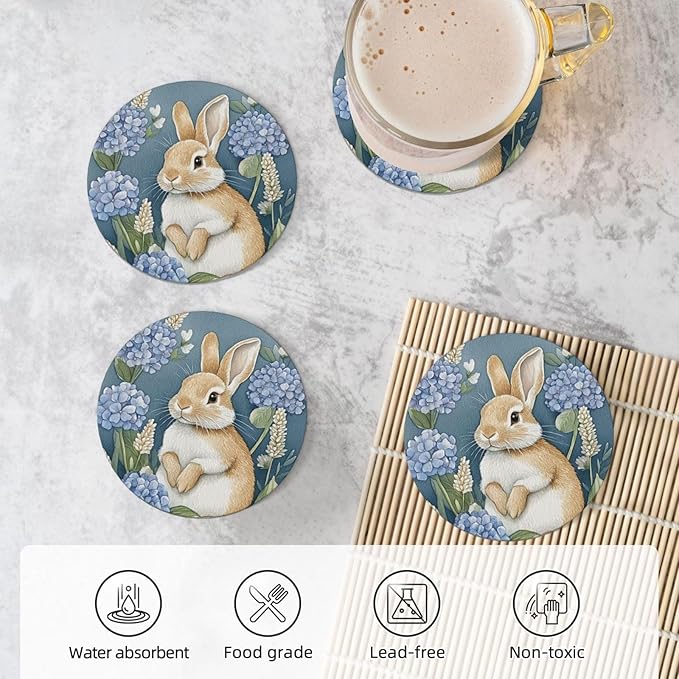 Easter Hydrangea Bunny Coasters for Drinks Cute Rabbits Flowers Spring Seasonal Absorbent Ceramic Coaster Set of 4 for Coffee Table Cup Bar Desk Round Coasters Mat with Cork Base