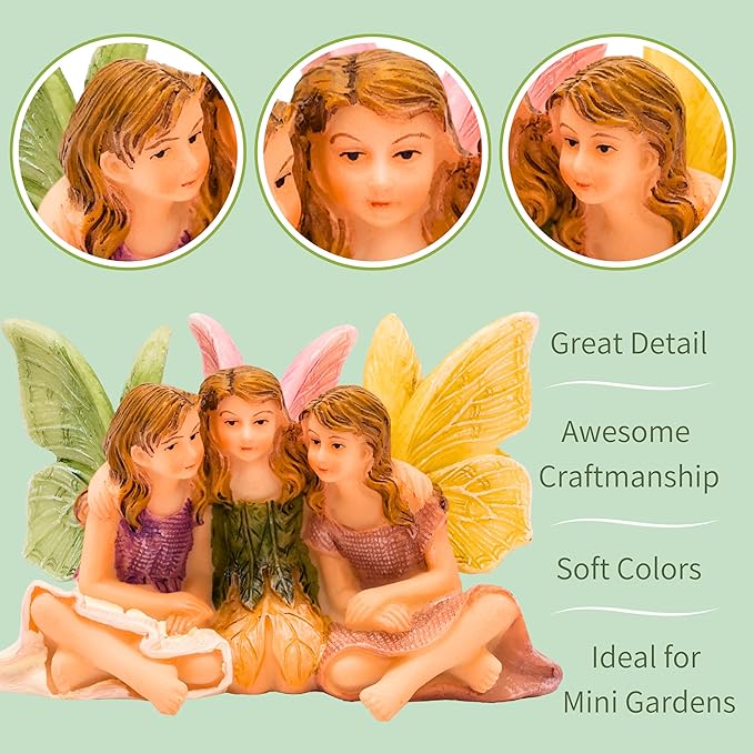 PRETMANNS Fairies for Fairy Garden - Accessories for an Outdoor or Indoor Miniature Garden – Adorable Hand-Painted Resin Figurines – 3 Sitting Sisters 1 Piece