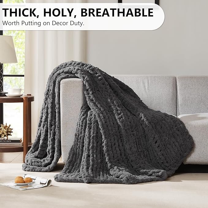 L'AGRATY Chunky Knit Blanket Throw: 60''x80'' Chenille Chunky Knitted Throw Blankets for Twin Bed Couch - Handmade Thick Cable Knit Blanket - Large Crochet Rope Blankets for Home Decor(Dark Grey)