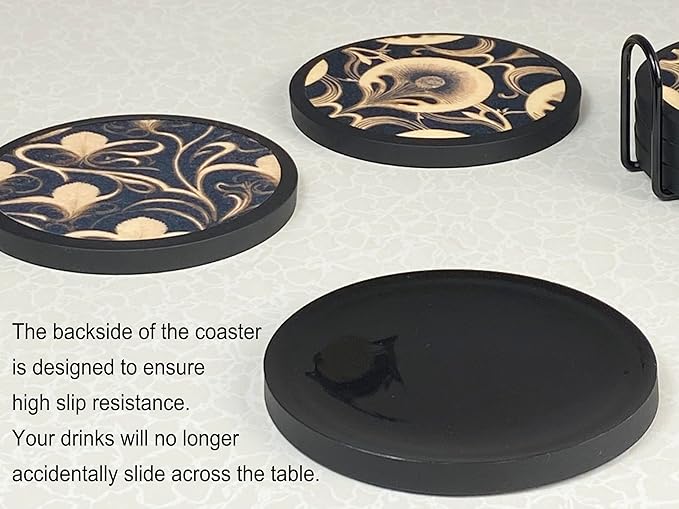 Absorbent Coasters for Drinks with Holder - 6packs, Silicone Coaster with Soft Felt Insert (4.3 inch Coasters with 4.5 inch Holder, Dual-Sided Flower -Themed Patterns)