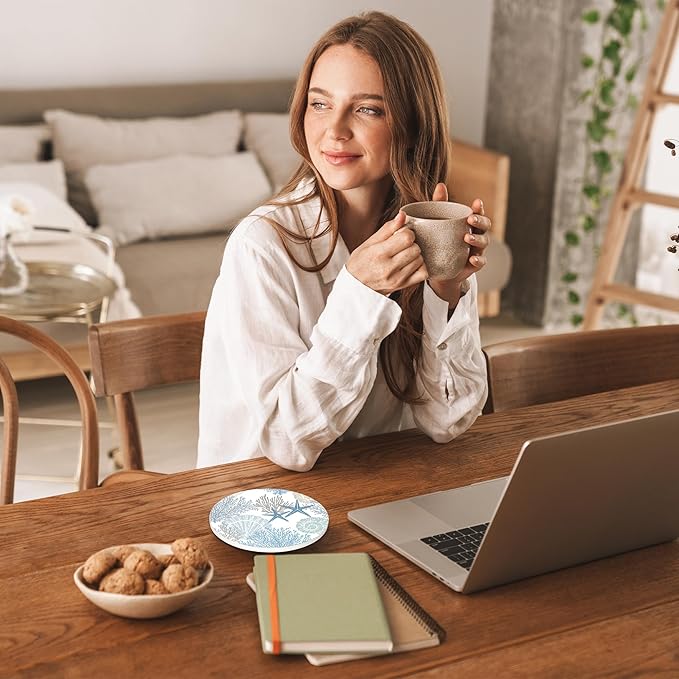 Seashell Coasters Set of 4, Starfish Beach Theme Round 4" Cup Coasters with Cork Base, Absorbent Ceramic Stone Coaster for Table Home Décor, Ideal Gifts for Women Men