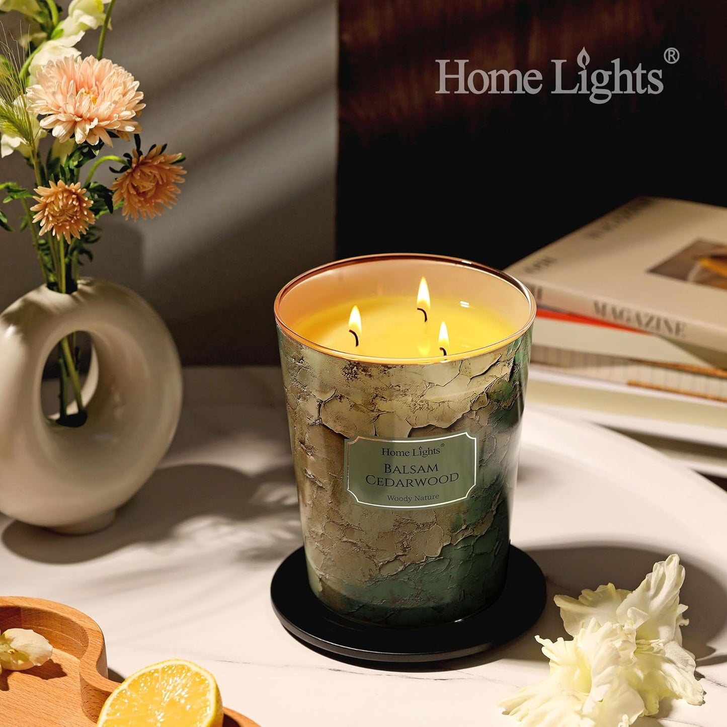 HomeLights Balsam Cedarwood Scented Candles | 34oz Soy Candles Industrial Chic 3-Wick Large Candle Jars | Ideal Candle Gifts for Events, Home Decor Stress, Relief & Relaxation