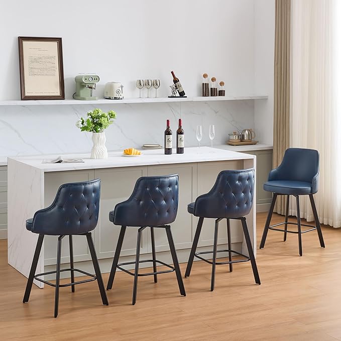 Bar Stools Set of 4, 26" Swivel Counter Height Bar stools with High Back, Faux Leather Kitchen Barstools Counter Height for Kitchen Island (Navy Blue, 4PCS 26" Counter Stools)