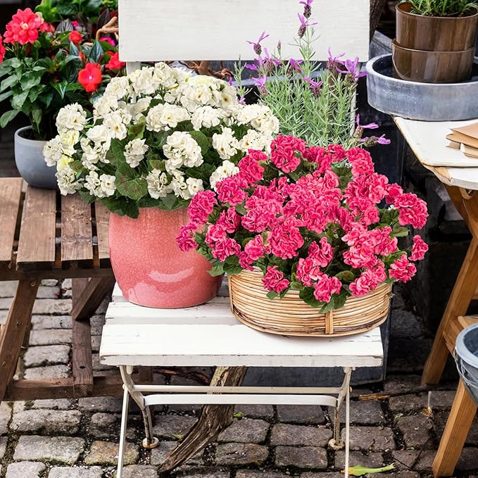 Plastic Flowers for Outdoors Home Decor Fake Plants Artificial Flowers Artificial Geraniums Outdoor Fake Flowers Silk Bouquet, Fall Decor for Interior Porch Garden Decor 14.4" (White) 8PCS