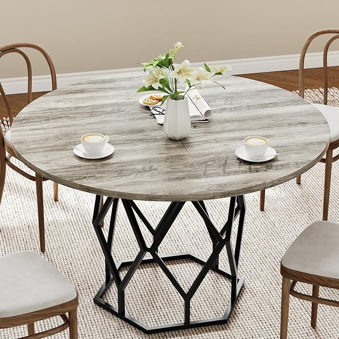 IDEALHOUSE 47 Inch Round Dining Table, Farmhouse Diner Table for 4-6 People, Kitchen & Dining Room Tables, Wood Circle Table for Kitchen, Dining Room, Living Room, Gray