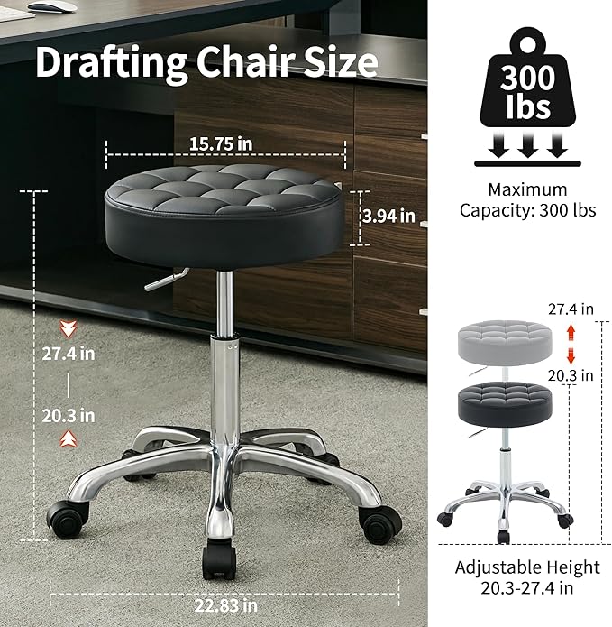 Work Stools with Wheels (300lbs Capacity) (Sturdy Aluminum Base) Black Leather Salon Stools (Black)