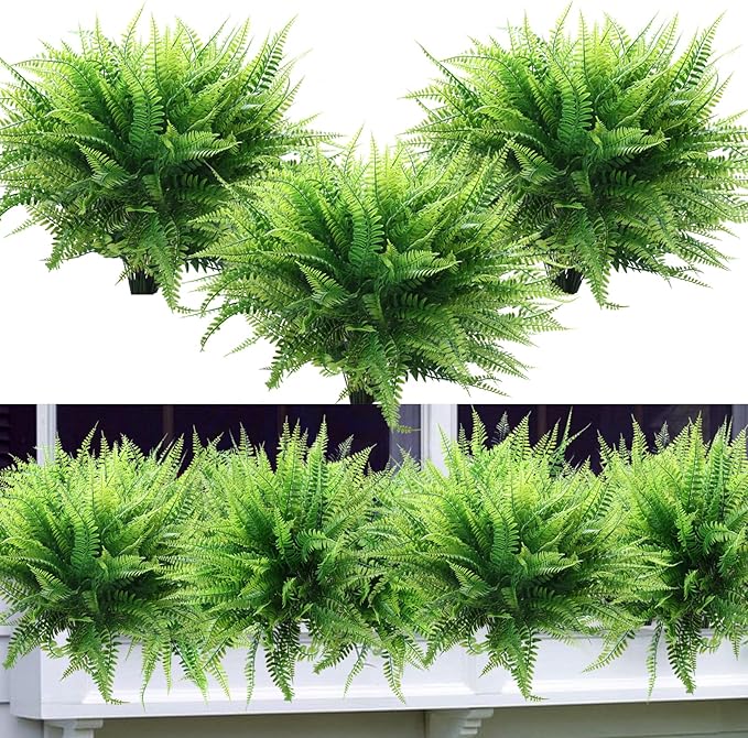 summer flower 10 Pack Fake Plants Boston Fern Artificial Greenery Plant Branches UV Resistant Faux Ferns for Outdoor Garden Wall Hanging Planter Front Porch Party Decor Home Bathroom Decorations