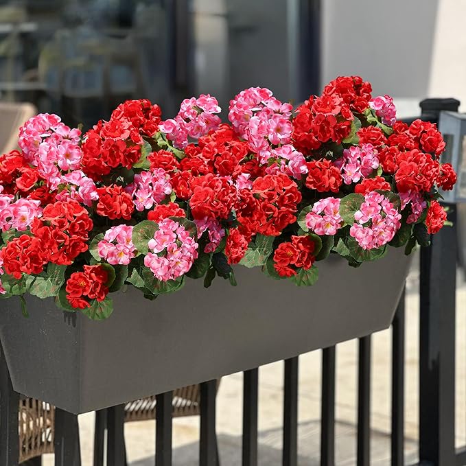 Artificial Geraniums Fake Flowers for Outdoors Decoration, 6 Bundles Silk Geraniums Flower UV Resistant Look Real Faux Plants for Front Door Garden Porch Planter Patio Balcony Yard Indoor Home, Mix